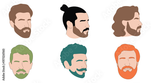 Men’s hairstyles and facial hair illustrations, six different styles in detailed vector design