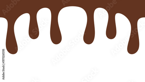 Melted chocolate or syrup drips isolated on a white background. Flowing liquid chocolate border element. A sweet brown syrup or sauce that melts and drips.