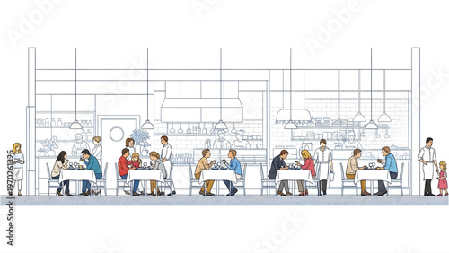 People Eating and Ordering Food in Restaurant, Families Sitting at Tables, Architectural Elevation Blue Line Drawing, White Background, Vector Illustration