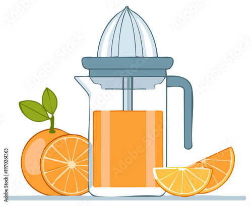 Manual citrus juicer with fresh orange juice and ripe orange slices vector illustration