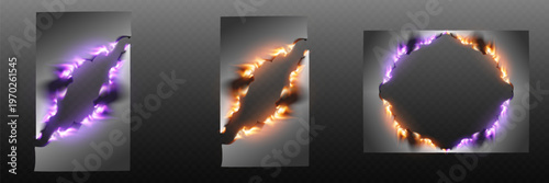Torn paper glowing frames with fiery energy effects