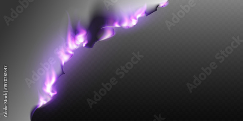 Burning paper with purple fire creating abstract edge