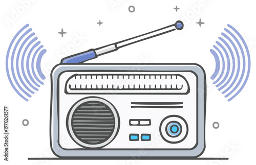 Radio Broadcasting: Old Receiver, Antenna, Signal Waves, Retro Audio Equipment, Communication