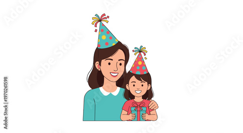 A joyful mother and her young daughter wearing festive polka-dot party hats celebrate a special occasion while holding a small wrapped gift box together.