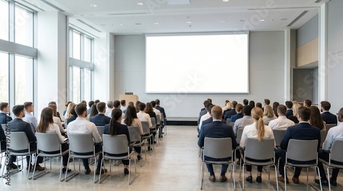 Large group of business people sitting in a modern bright conference hall with blank white projector screen mockup for presentation