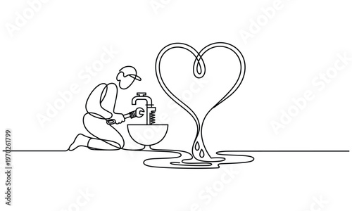 Plumber Repairs Faucet With Heart Shape Water Flow Into Sink.