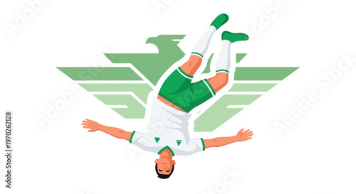 Man Performing Gymnastics Routine with Green Wings.