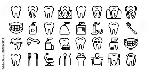 Dental health and hygiene symbols, tooth care equipment, and dental office tools