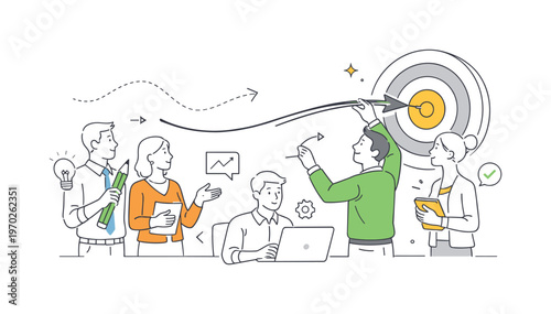 A structured goal refinement scenario where professionals adjust objectives and improve direction based on feedback and results, built around a visual