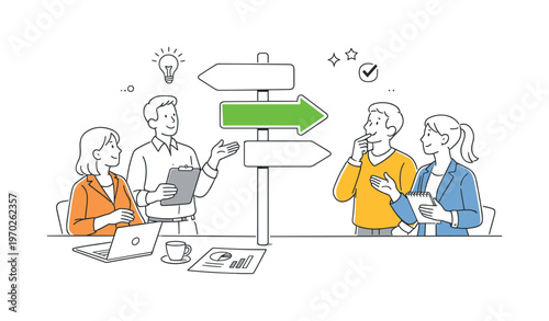 A clear decision-making scenario where a business team evaluates options and selects the most effective path during a planning discussion, centered