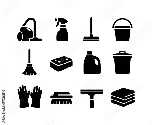 Home cleaning and housekeeping: vacuum cleaner, spray bottle, mop, bucket, broom, sponge, detergent bottle, trash bin, rubber gloves, cleaning brush