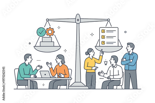A clear workflow balancing scenario where a team distributes tasks evenly across stages to maintain smooth operation during a planning session