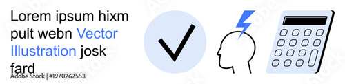 Productivity, brainstorming, calculation, problem-solving, decision-making, efficiency. Visuals include a checkmark, a head with a lightning bolt and a calculator. Productivity and brainstorming