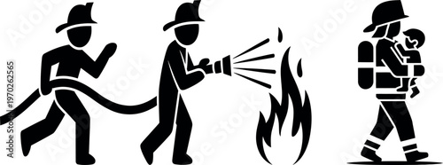 Firefighters demonstrating the use of a fire hose and extinguisher on a small flame