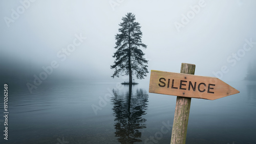  Foggy Lake Scene with a Rustic Directional Sign Reading Silence Near Still Water