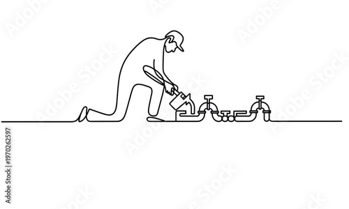 Worker Fixing Plumbing Pipes With Fluid Pouring