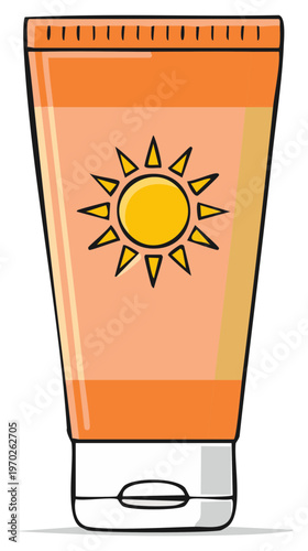 Sunscreen Tube Cartoon Style Illustration. Sun Protection Cream in Orange Tube with Sun Icon. Skin care, vacation, summer