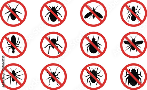 Pest control icons, vector set with red prohibition signs featuring mosquito, tick, cockroach, spider, fly, and flea, clean design for extermination, hygiene, and safety services