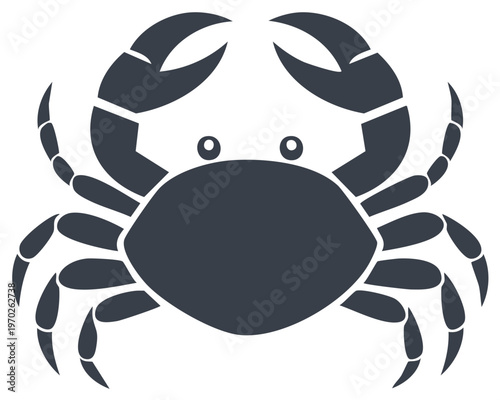 Stylized dark gray crab icon with beady eyes and large claws raised in defense