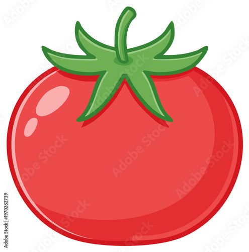 Cartoon depiction of a ripe, red tomato with green leaves on a simple design.