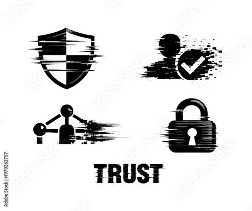 Digital zero trust security architecture theme, a set of four glitch-distorted monochrome objects placed on a perfectly clean white background