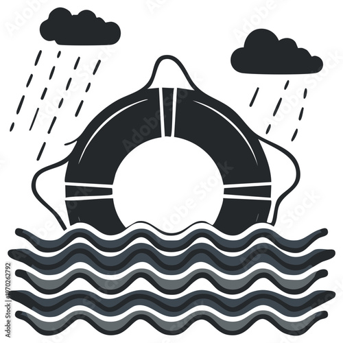 Life preserver floating on wavy ocean with rain from storm clouds symbol of safety and rescue