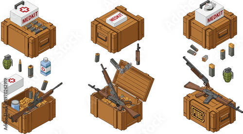 Military Ammo Box and Weaponry Icon Set Featuring Rifles, Grenades, and Supplies for Web, Apps, and Digital Media Designs