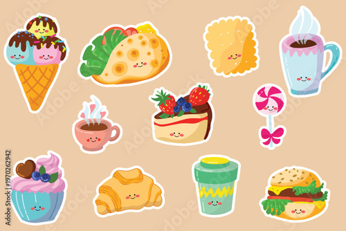 A set of cute and funny stickers featuring sweets: cakes, cookies, ice cream, candies, and drinks. Isolated objects. Hand-drawn vector illustration. Desserts, children's print. Vector
