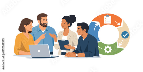 A team coordinating responsibilities during a smooth workflow process, gathered near a laptop while interacting with a simple circular task