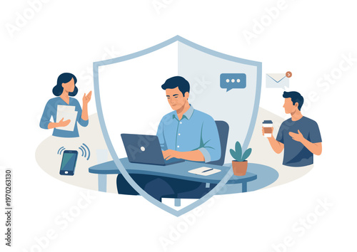 A professional maintaining focus by minimizing distractions in a digital workspace, seated with a laptop while a clean shield-like boundary shape