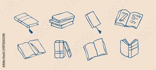 Hand drawn book doodle set with open books stack and reading icons