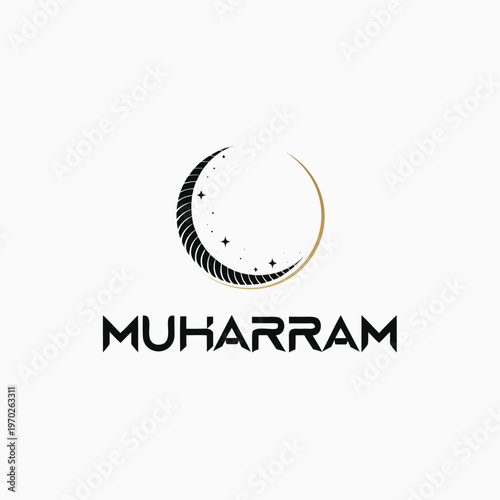 Muharram islamic new year celebration logo with a crescent moon and stars on a white background