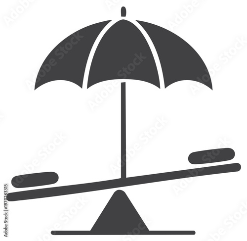 Balancing risk and protection, Umbrella on seesaw, vector icon illustration, financial balance
