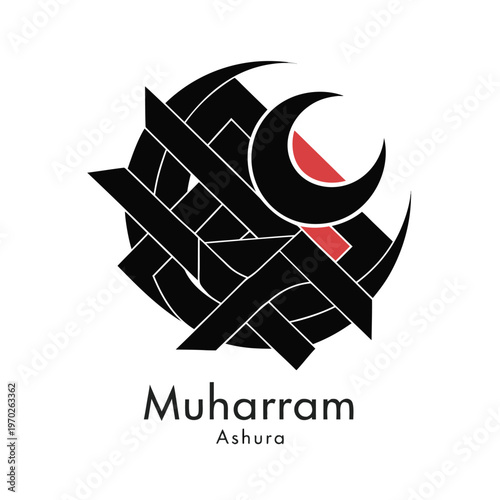 Abstract islamic calligraphy design for muharram and ashura with crescent moon and red accent