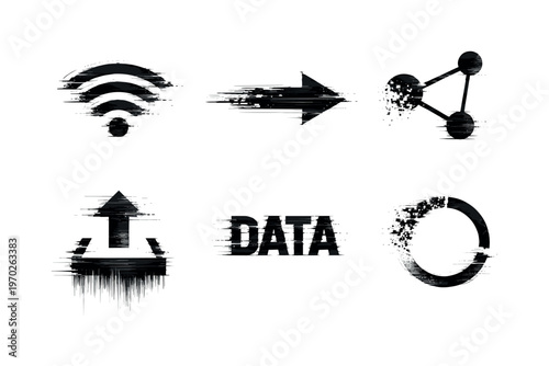 Data transmission and network signal theme, a set of 5 glitch-distorted monochrome objects placed on a perfectly clean white background