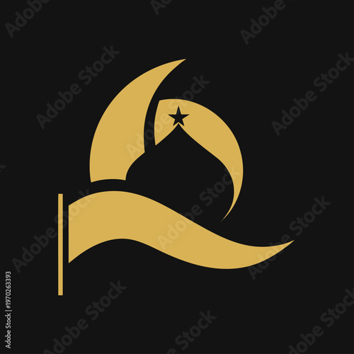 Abstract golden islamic symbol featuring a mosque dome crescent and star over a waving flag.