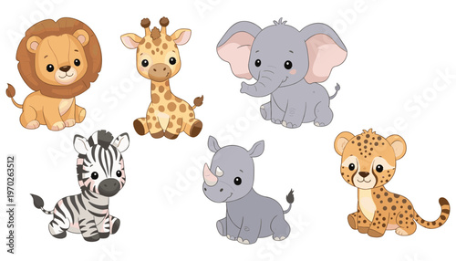 Baby lion cub giraffe zebra rhino cheetah vector set for kids cute nursery