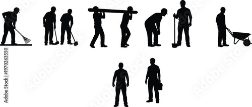 Construction worker silhouettes set, manual laborers with tools, builders carrying wood, shoveling, raking, and pushing wheelbarrow for industrial site project design