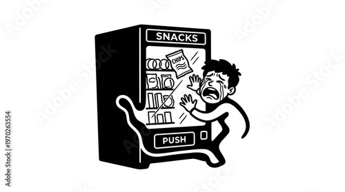 Minimalist Vending Machine with Stuck Snack Cartoon Line Art, Monochrome Vector Illustration of Office Humor