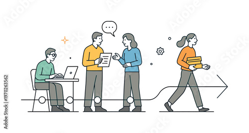 A structured continuous workflow scenario where a team maintains uninterrupted movement of tasks through each stage toward completion, built around a