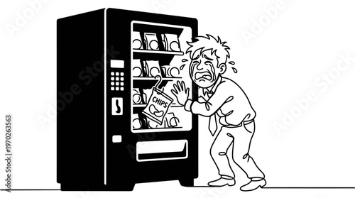 Minimalist Vending Machine with Stuck Snack Cartoon Line Art, Monochrome Vector Illustration of Office Humor