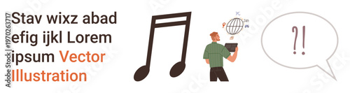 Education, music, communication, digital learning, content creation, and creativity. A music note, person holding a tablet with a globe and a speech bubble with symbols. Education and digital