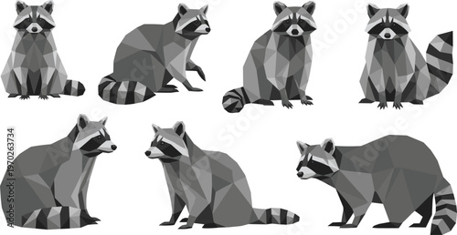 Low poly raccoon vector set with geometric polygon shapes modern wildlife animal design collection for creative branding illustration