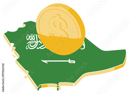 Saudi Arabia investment concept, vector illustration featuring dollar coin and cut-out flag map, modern design for finance, business, and economic projects