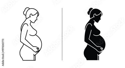 Pregnant woman in profile shown in two contrasting styles a silhouette