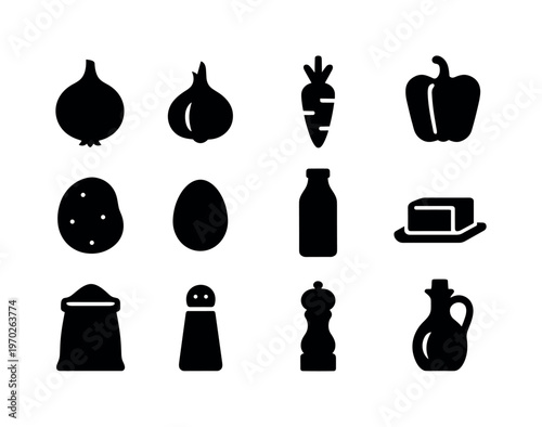 Home cooking ingredients: onion, garlic, carrot, bell pepper, potato, egg, milk bottle, butter, flour bag, salt shaker, pepper grinder, olive oil