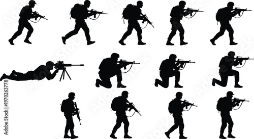 Military soldier silhouettes set in various combat poses including running, kneeling, and prone firing positions for tactical army design concepts