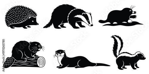 Forest mammals silhouette collection featuring hedgehog badger mole beaver otter and skunk icons for nature vector illustration