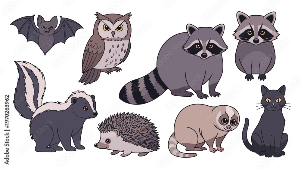 Obraz premium Nocturnal animals vector illustration set with owl bat raccoon skunk hedgehog loris cat wildlife cartoon