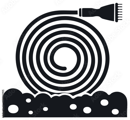 Black silhouette icon of a coiled hose with a scrub brush and suds, representing cleaning and washing equipment.